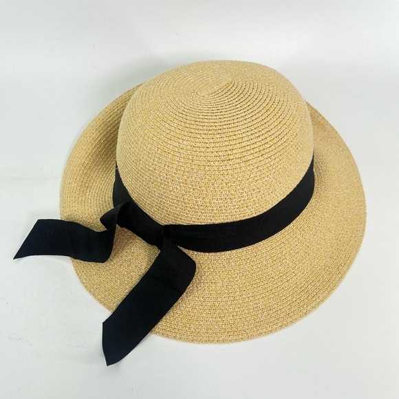 Furtalk Wide Ribbon Straw Beach Sun Hat tan khaki beige with black size medium - Picture 6 of 11